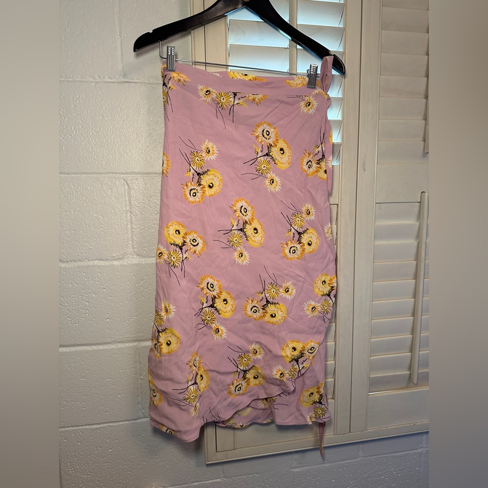 Madewell Pink and Yellow flutter wrap Midi Skirt